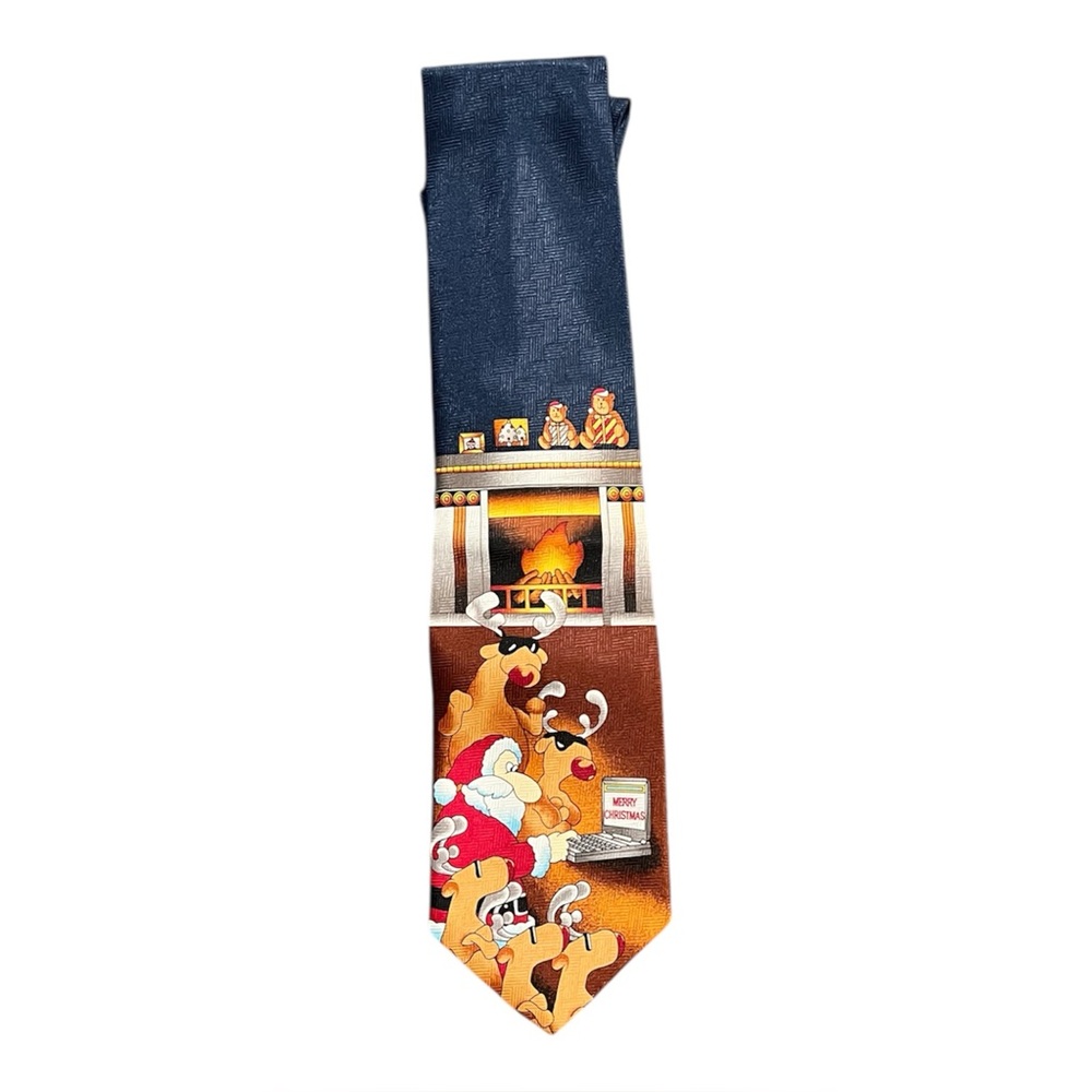 Festive Santa & Reindeer Fireplace Polyester Tie Novelty Christmas Neckwear